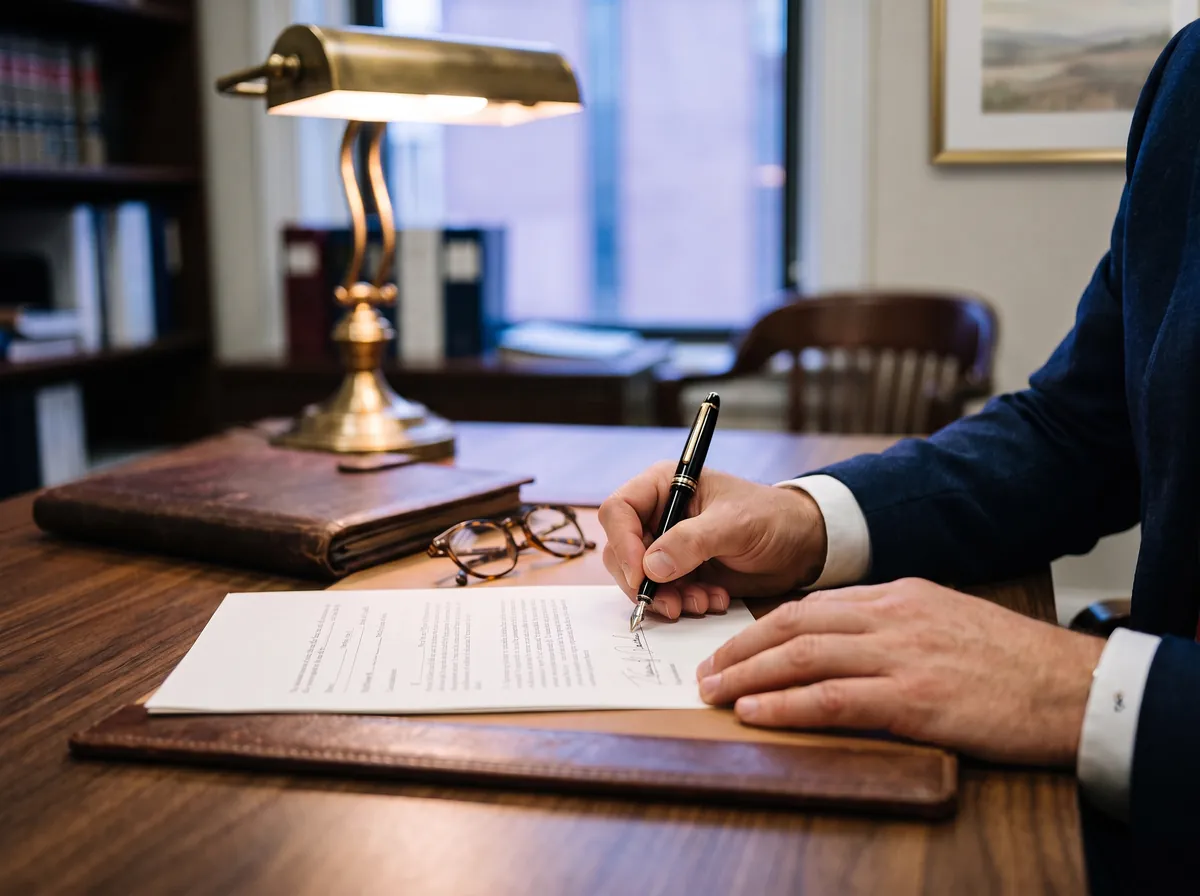 A hand in a navy suit sleeve signing a document with a fountain pen at a walnut desk, beside reading glasses, a leather portfolio and a brass desk lamp