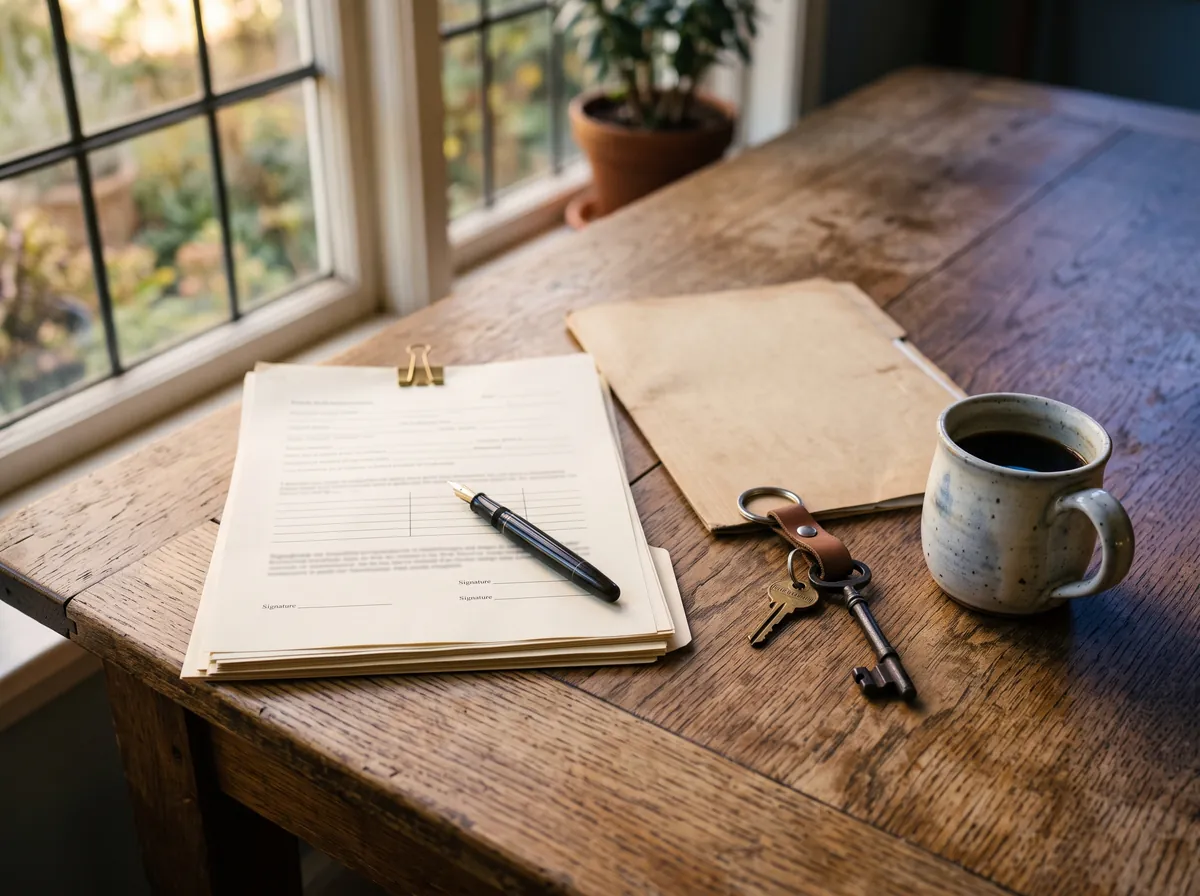 Paperwork with signature lines, a fountain pen, a manila folder, house keys on a leather ring and a coffee mug on an oak table by a window