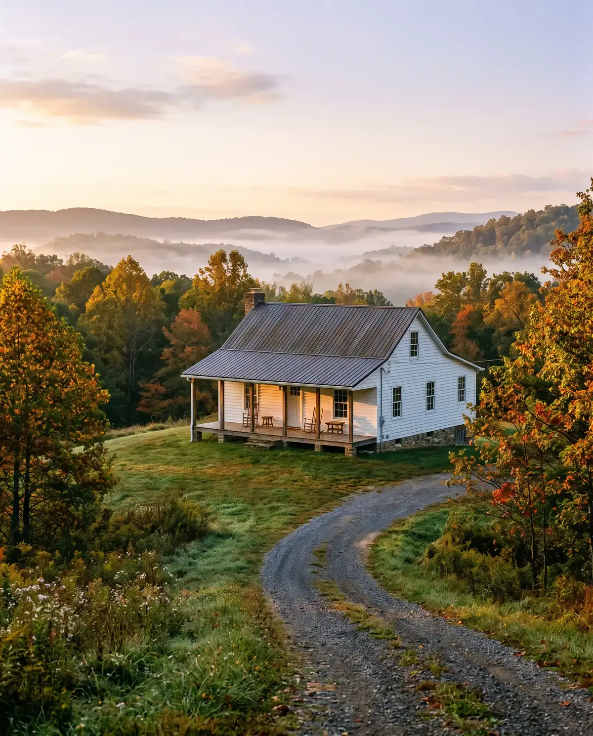 A white farmhouse with a covered front porch and rocking chairs on a grassy rise, a gravel drive curving up to it and misty wooded hills behind at sunrise