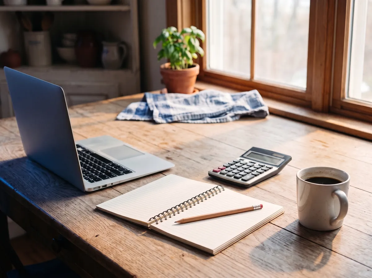 A laptop, a desk calculator, an open spiral notepad with a pencil and a mug of coffee on an oak kitchen table by a sunny window