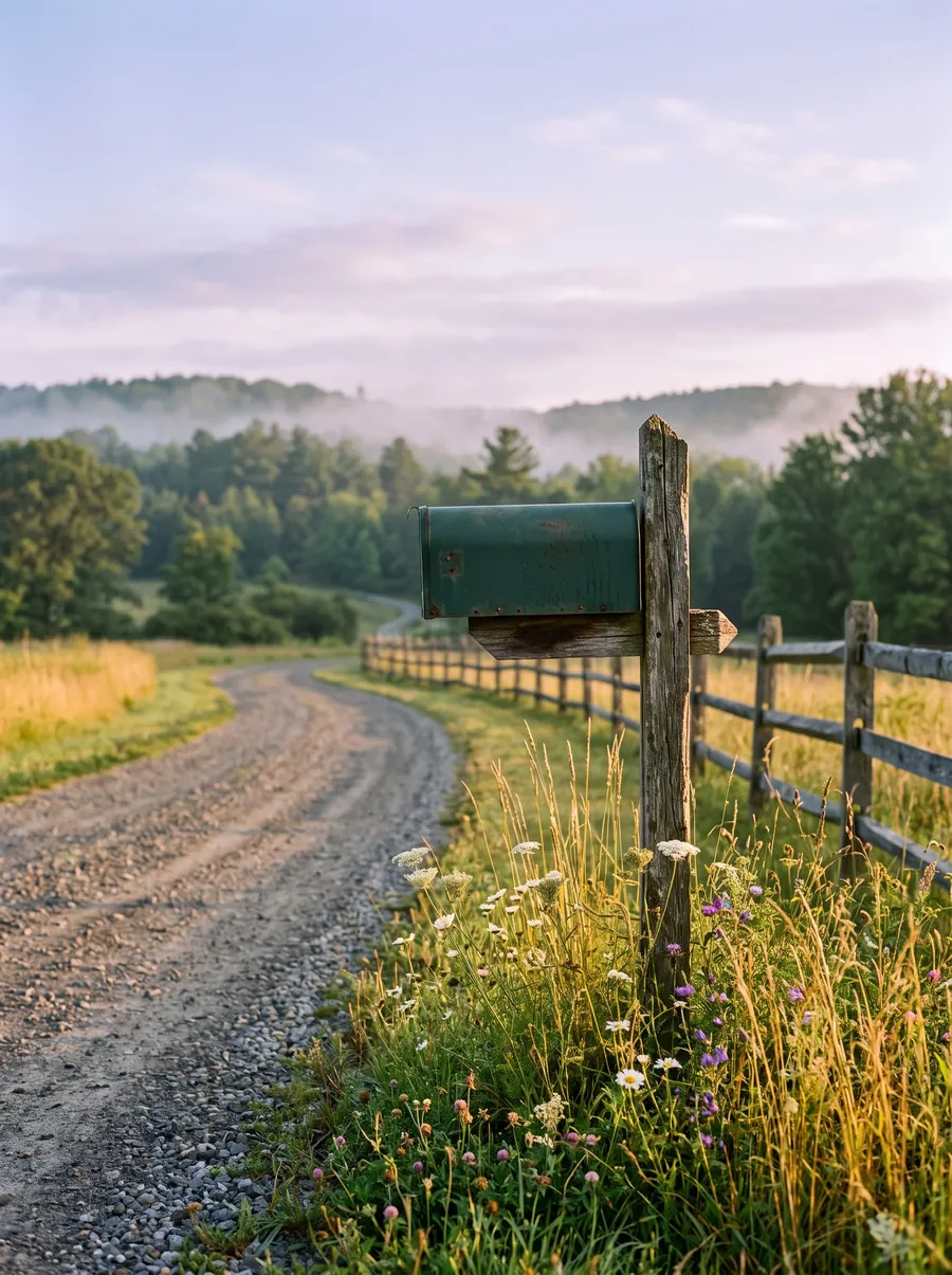 A green rural mailbox on a weathered wooden post beside a gravel drive, wildflowers at its base and a split-rail fence leading toward misty wooded hills at dawn