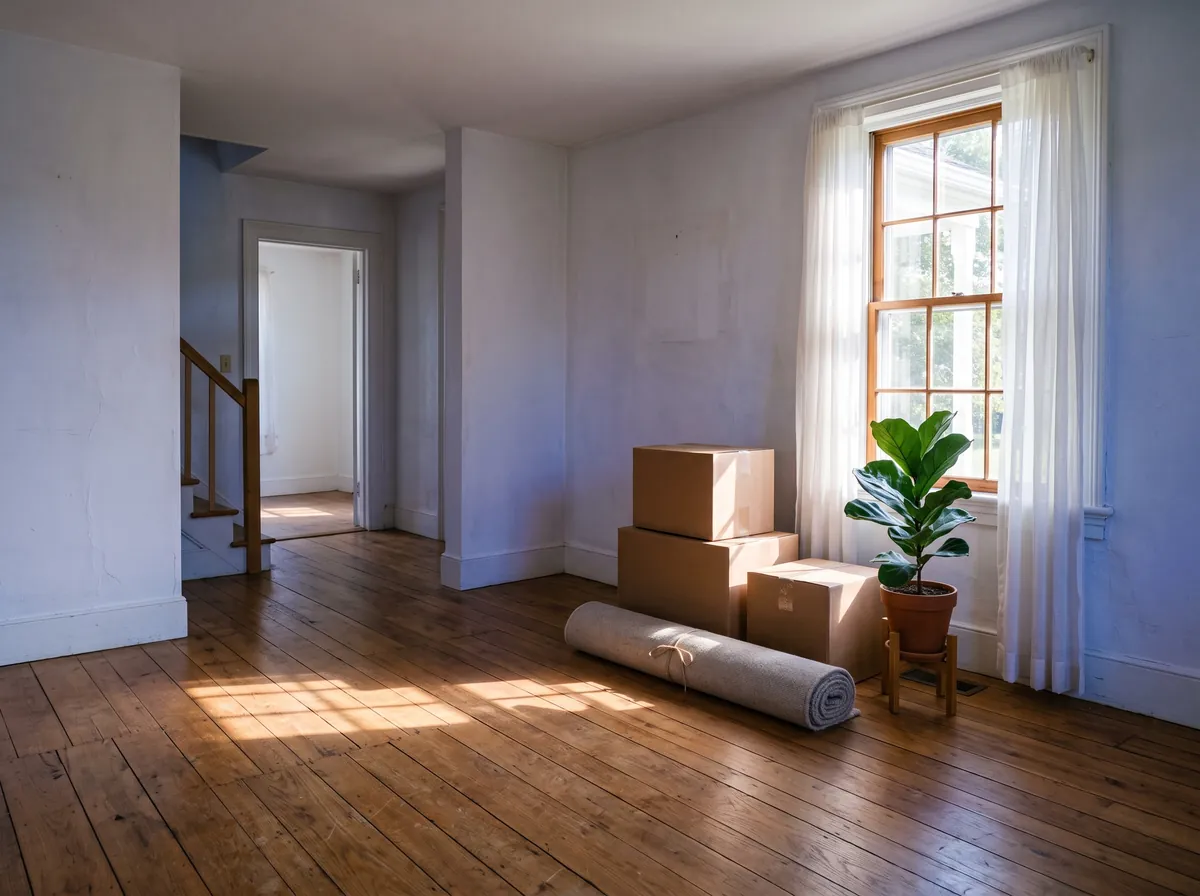 An empty sunlit living room with wide-plank wood floors, stacked moving boxes, a rolled rug and a potted fiddle-leaf fig by a tall window