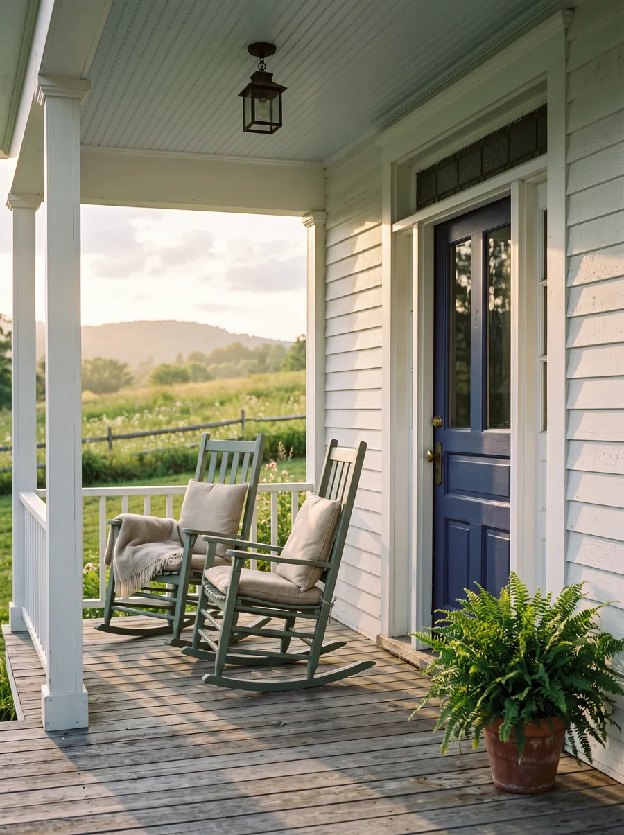 A farmhouse front porch with two sage-green rocking chairs, an indigo front door and a potted fern in warm late-afternoon light