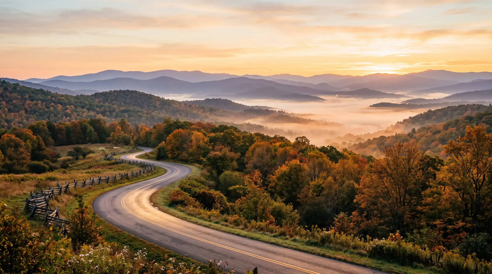 A two-lane country road winding through autumn foothills toward layered blue ridges and valley fog at sunrise