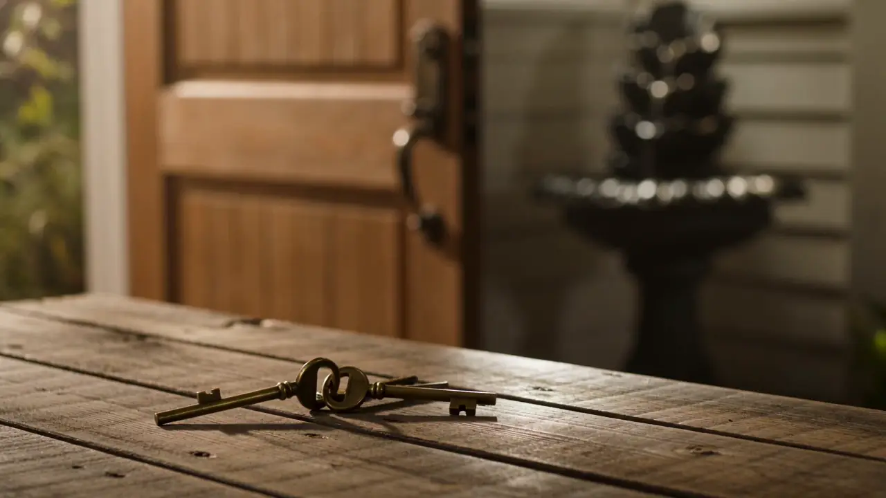 Two brass skeleton keys on a worn wooden table in front of a wooden front door, in warm evening light